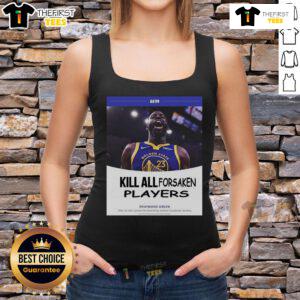 Draymond Green in a tank top, showcasing the 'Top Kill All Forsaken Players' graphic at a basketball event.