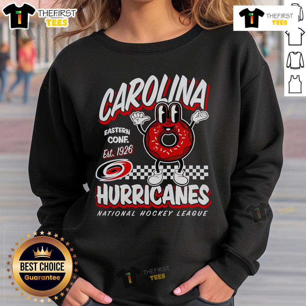 Alt Text: 2025 Mitchell & Ness Carolina Hurricanes Black Local Food Sweatshirt, stylish and cozy fan apparel for hockey enthusiasts.