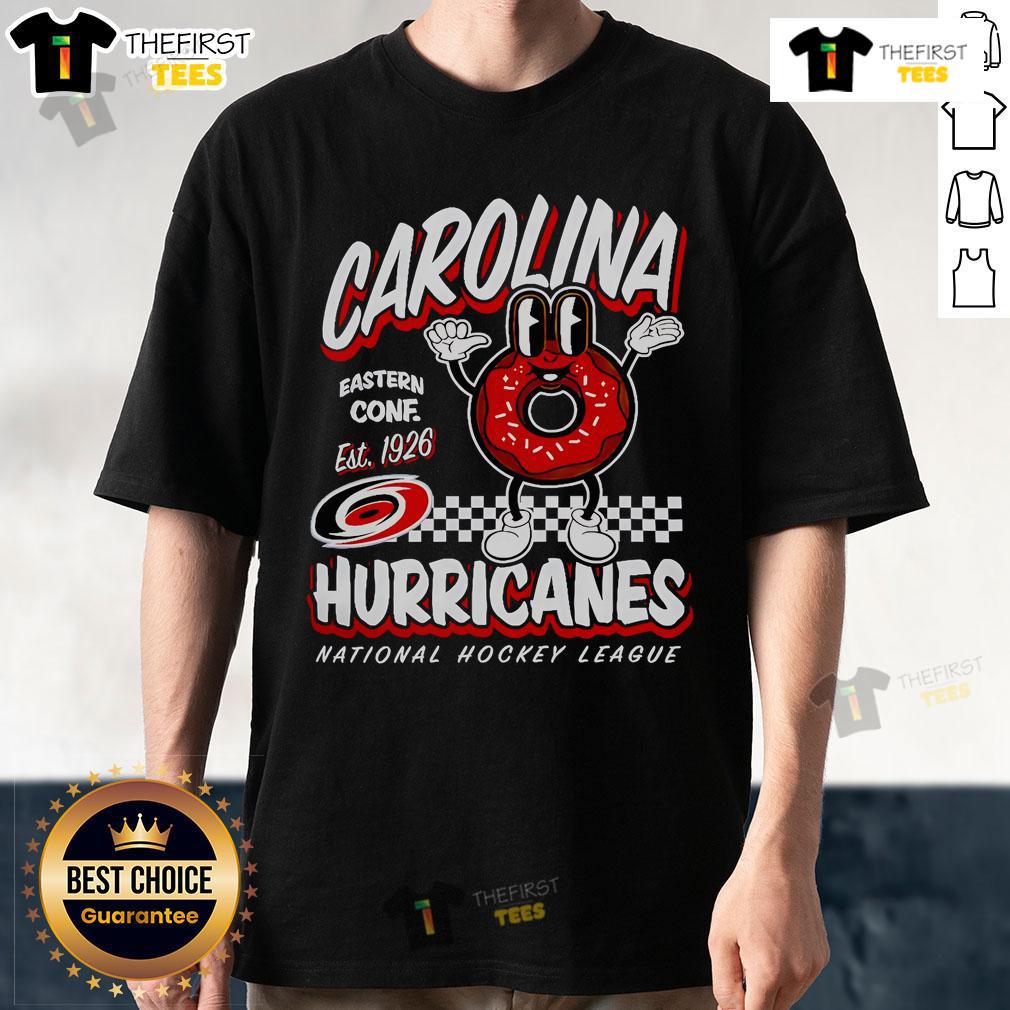 Alt Text: Top Mitchell & Ness Carolina Hurricanes Black Local Food 2025 T-Shirt featuring team logo and stylish design.