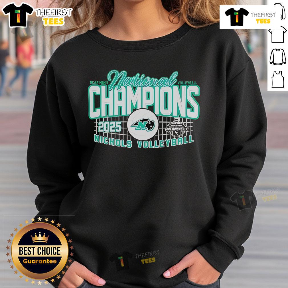 Top Nichols 2025 NCAA Men's Volleyball National Champions sweatshirt featuring bold team logo and championship colors.