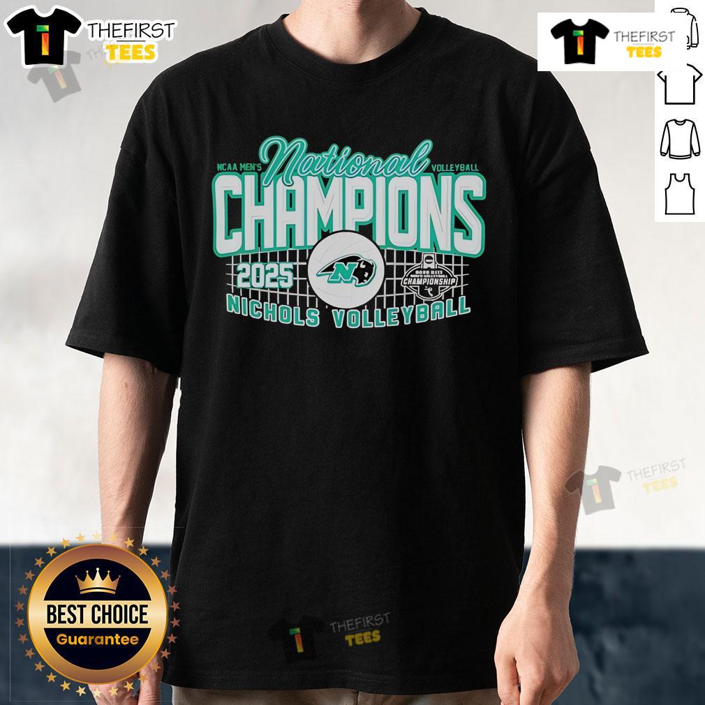 Top Nichols 2025 NCAA Men's Volleyball National Champions T-Shirt featuring team logo and championship graphics.