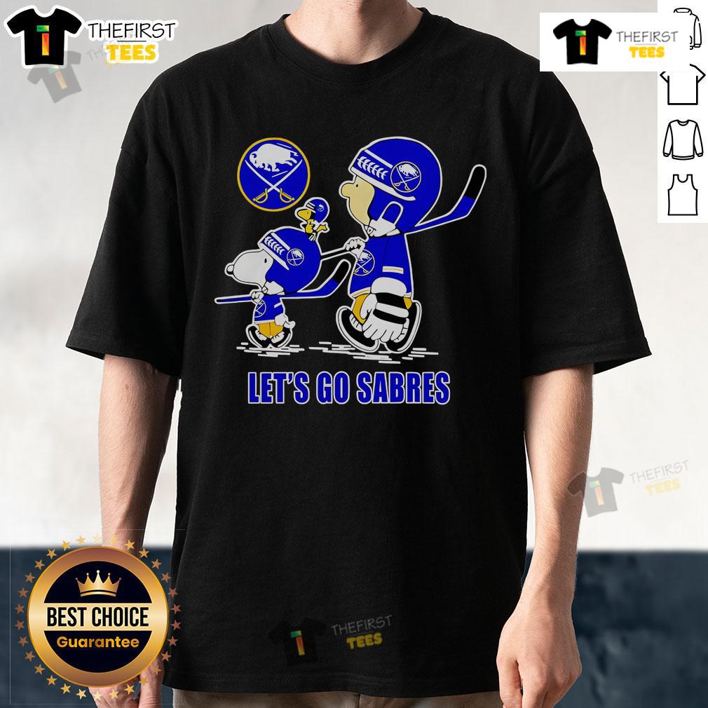 Alt Text: Top Peanuts Snoopy, Charlie Brown, and Woodstock on Buffalo Sabres 'Let's Go Sabres' T-Shirt design.