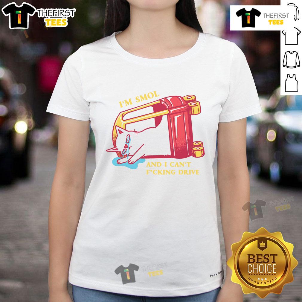 Funny 'I'm Smol and I Can't Drive' cute ladies tee featuring playful text design on a stylish shirt.