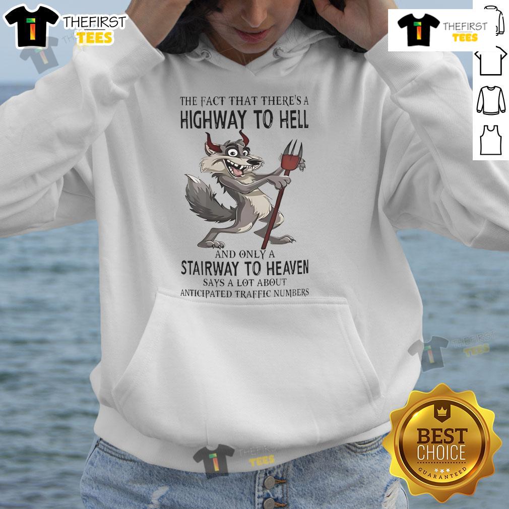Funny wolf hoodie featuring 'Highway to Hell and Stairway to Heaven' design, perfect for casual wear and humor lovers.