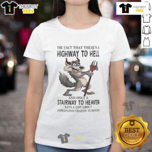 Funny wolf graphic on a ladies tee depicting 'Highway to Hell' and 'Stairway to Heaven' themes.