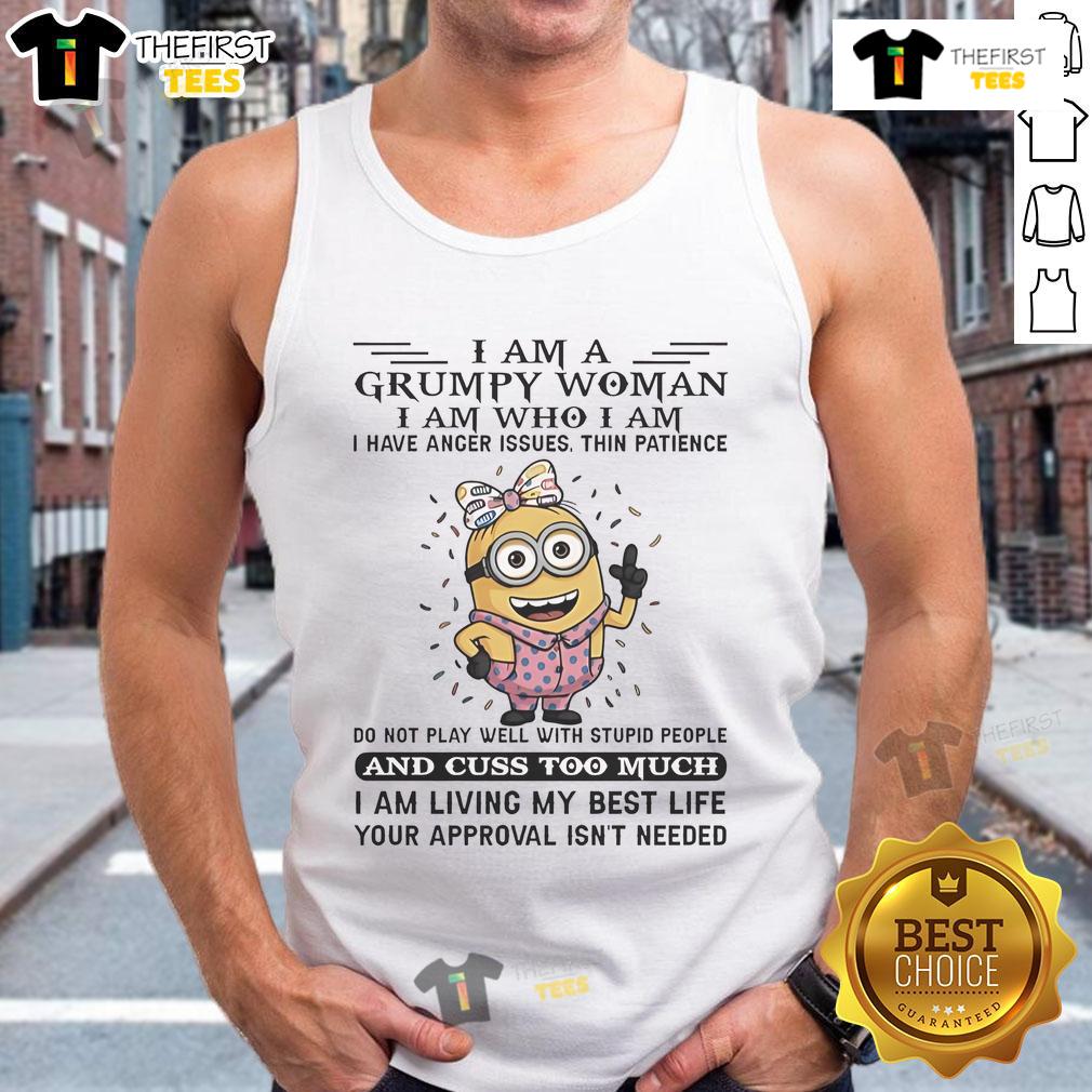 Grumpy woman wearing a 'Good Minion I Am Who I Am' tank top, showcasing fun and quirky personality.