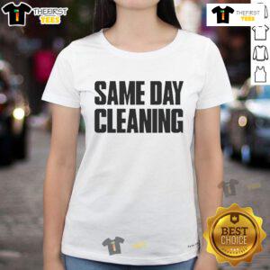 Alt Text: Good Sammy Virji Same Day Cleaning Ladies Tee featuring a vibrant design, perfect for cleaning enthusiasts.