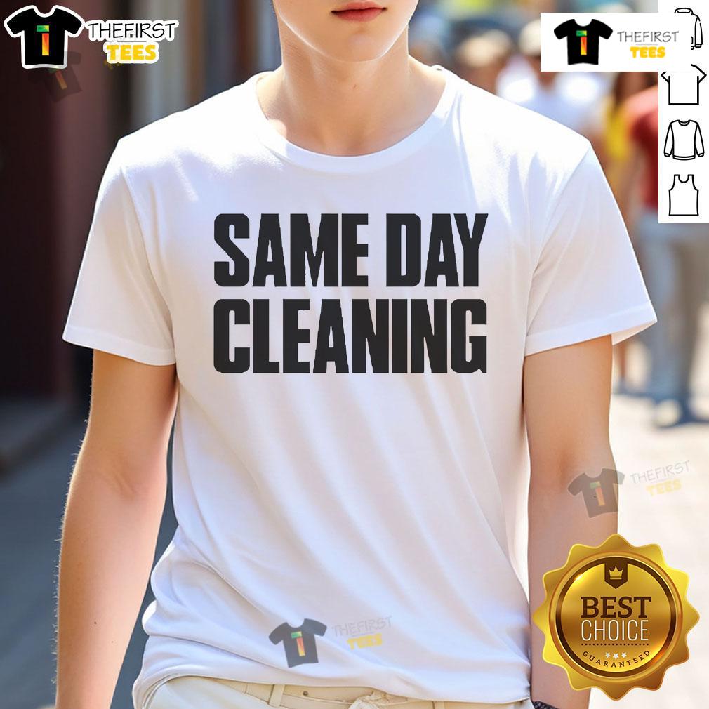 Good Sammy Virji Same Day Cleaning T-Shirt featuring a vibrant design promoting fast, reliable cleaning services.