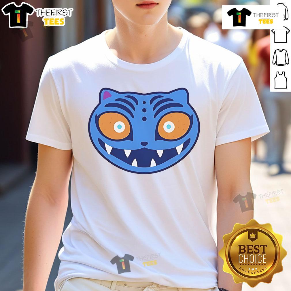 Alt Text: Good Zoey happily wearing a Derpy Tiger t-shirt, showcasing her playful style and love for unique fashion.