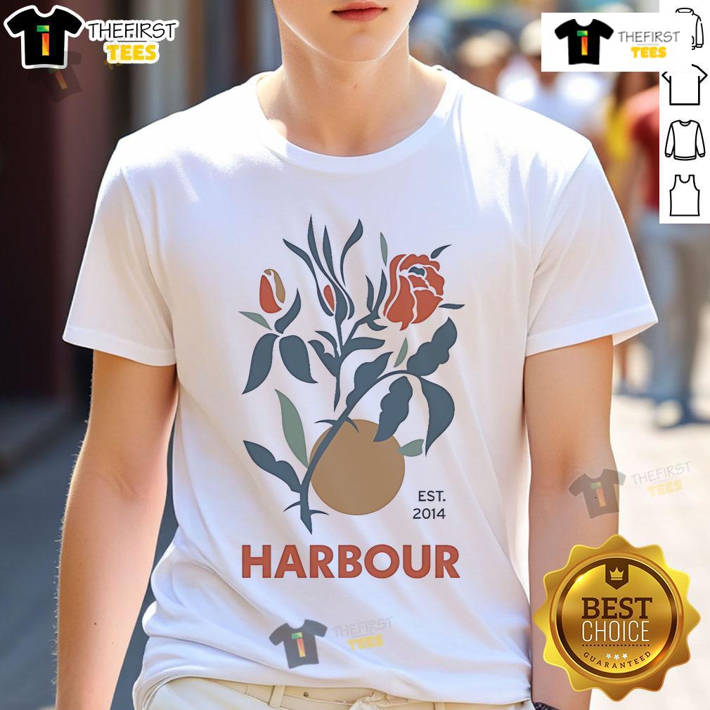 Alt Text: Nice Harbour Rose Est 2014 T-Shirt featuring a stylish design, perfect for casual wear and flower enthusiasts.