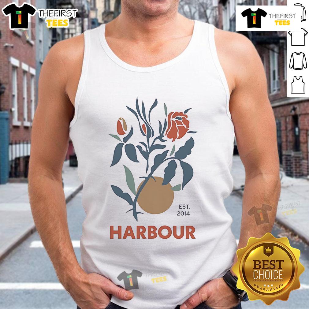 Nice Harbour Rose Est 2014 tank top featuring a vibrant floral design, perfect for casual summer wear.