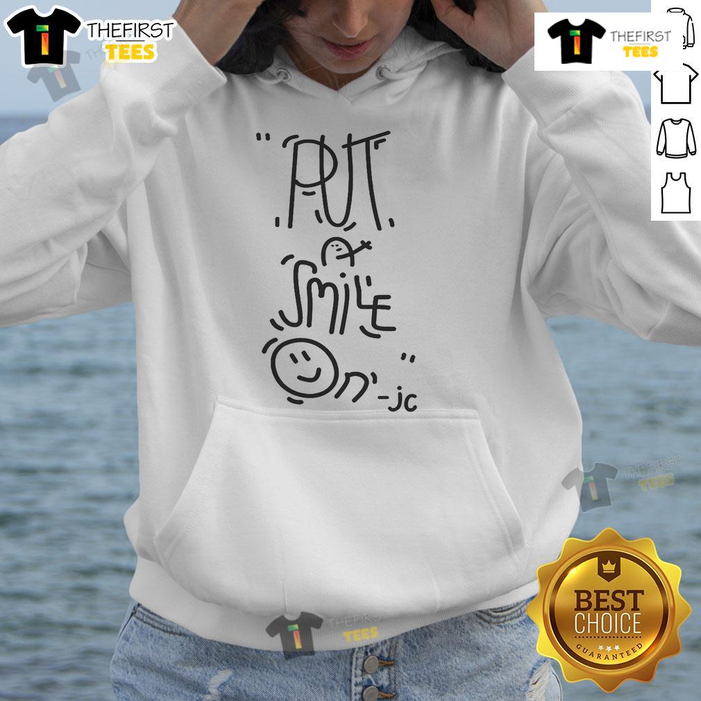 Alt Text: Nice Jon Casey Put On A Smile Hoodie featuring a vibrant design and cozy fit, perfect for casual wear.