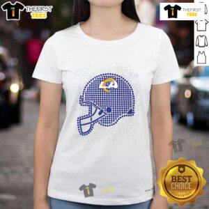 Stylish ladies tee featuring a polka dots design and Los Angeles Rams helmet, perfect for fans and casual wear.