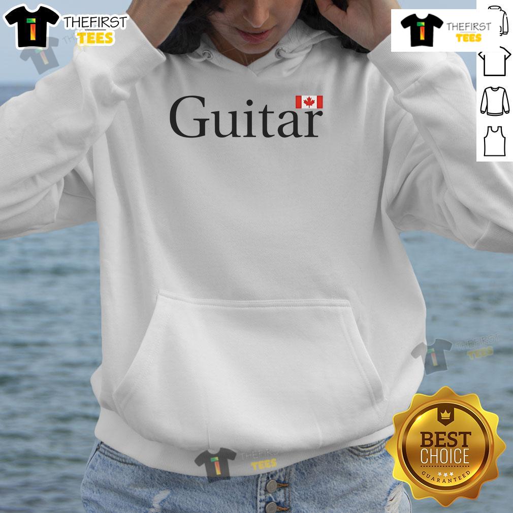 Alt Text: Nice Mac Demarco guitar design on a Canada flag hoodie, perfect for fans of music and Canadian culture.