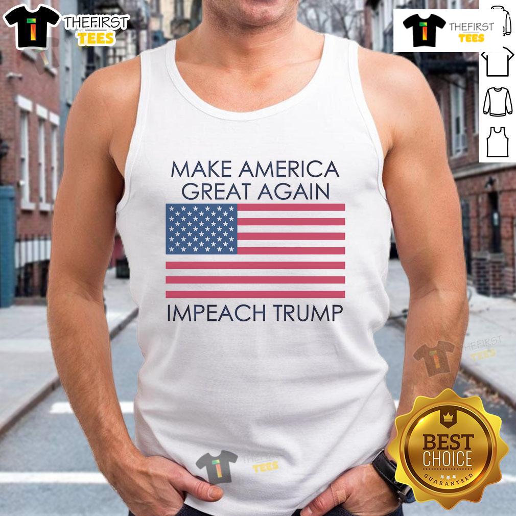 Alt Text: Anti-Trump flag tank top featuring 'Make America Great Again' and 'Impeach Trump' slogans in bold colors.