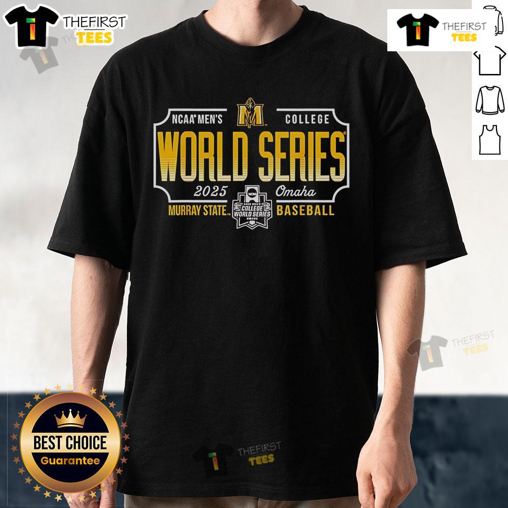 Alt Text: 2025 NCAA Men's College World Series Murray State Racers baseball T-shirt, showcasing team pride and sporty design.