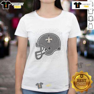 Alt Text: Ladies tee featuring a New Orleans Saints polka dot helmet design, perfect for stylish football fans.