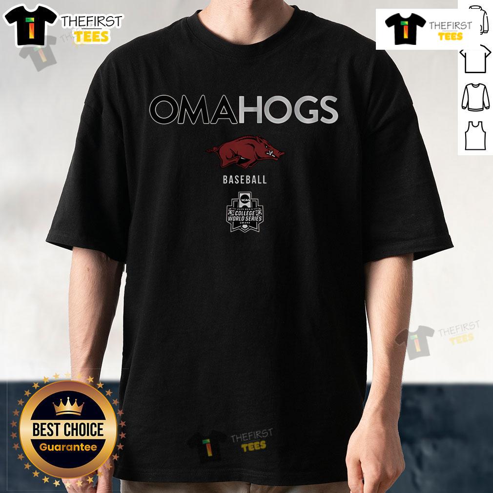 Official Arkansas Baseball Omahogs 2025 MCWS T-shirt featuring bold team graphics and vibrant colors.