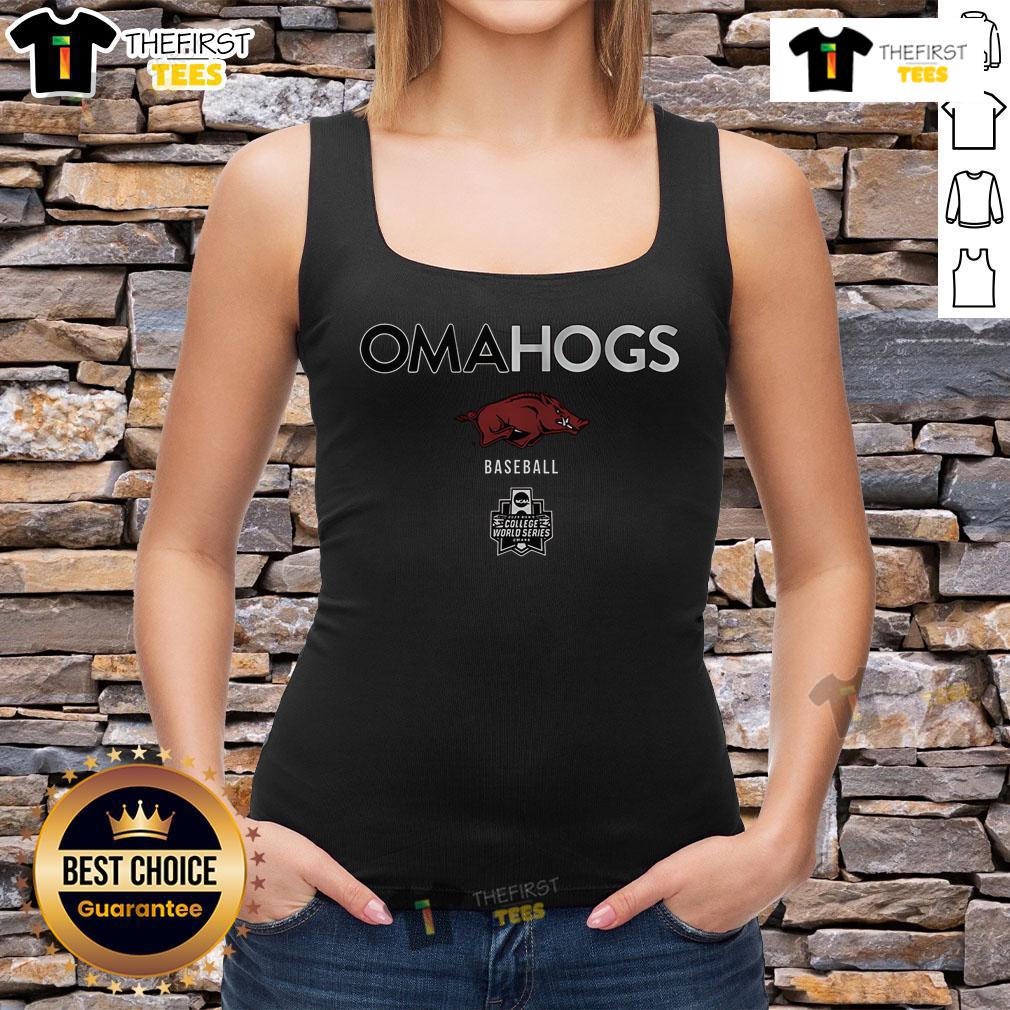 Alt Text: Official Arkansas Baseball Omahogs 2025 MCWS Tank Top featuring team colors and logo, perfect for fans.