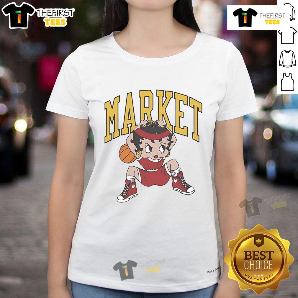 Official Betty Boop x Market Studios Dunking Ladies Tee showcasing a vibrant graphic of Betty Boop playing basketball.