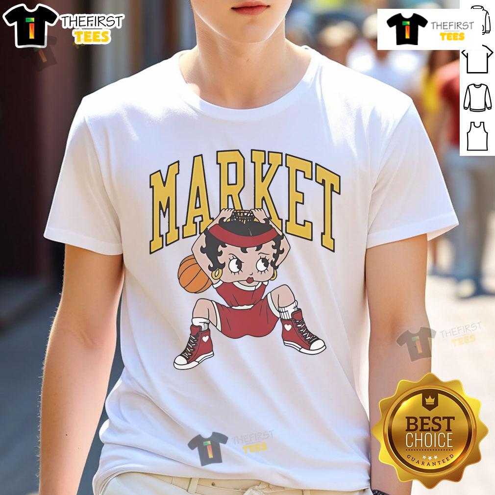 Official Betty Boop X Market Studios Dunking T-Shirt featuring a vibrant design of Betty Boop in a basketball pose.
