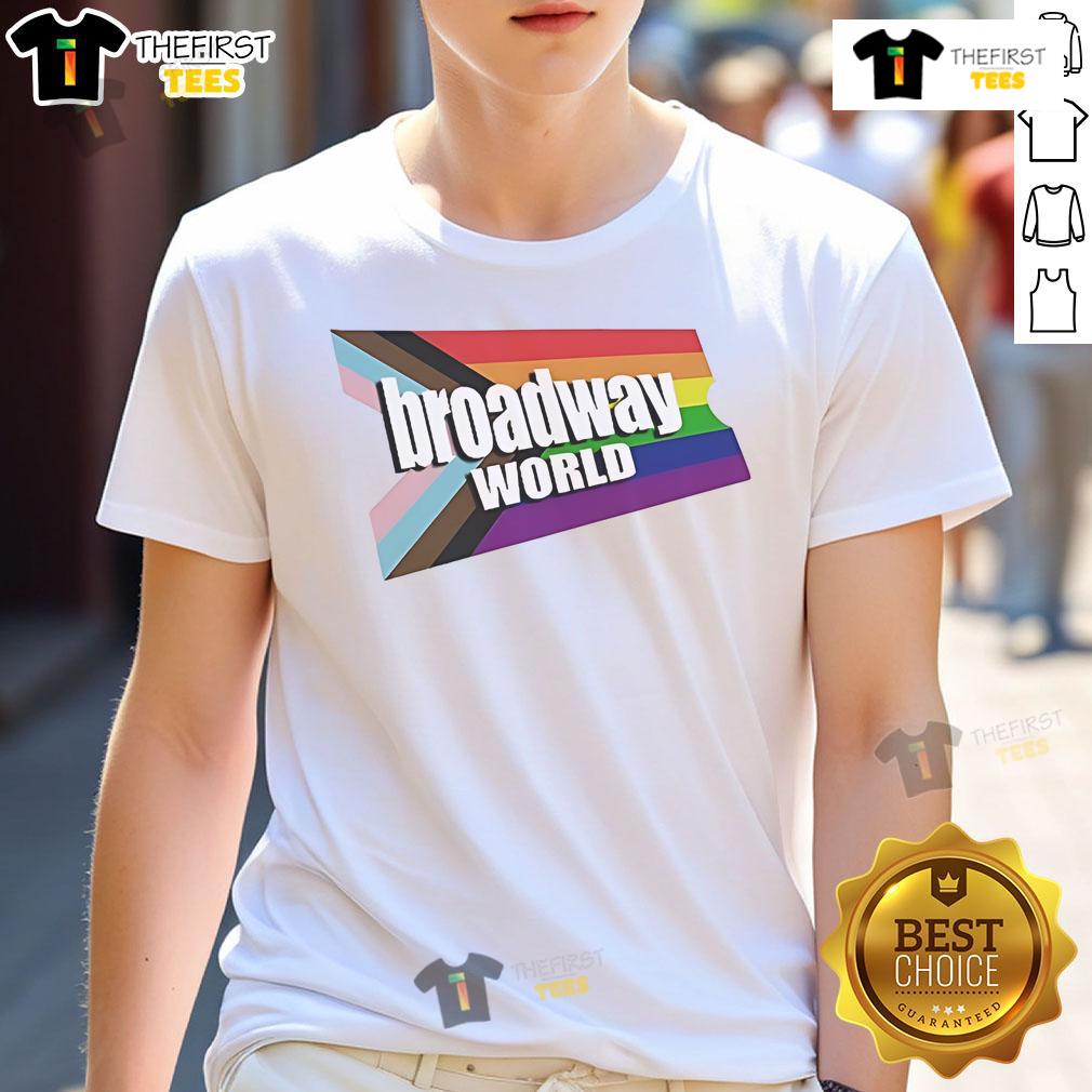Official BroadwayWorld.com Pride T-Shirt featuring vibrant rainbow logo, celebrating inclusivity in theater and LGBTQ+ pride.