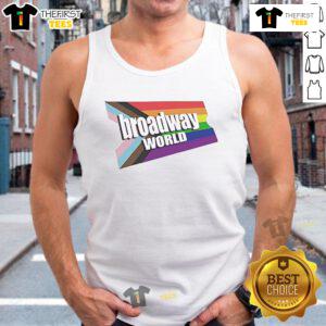 Official BroadwayWorld.com logo on a vibrant Pride tank top celebrating diversity and inclusivity in theater.