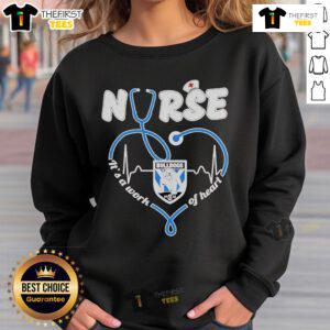 Alt Text: Official Bulldogs Canterbury Bankstown Nurse sweatshirt, showcasing 'It's a Work of Heart' design in vibrant colors.