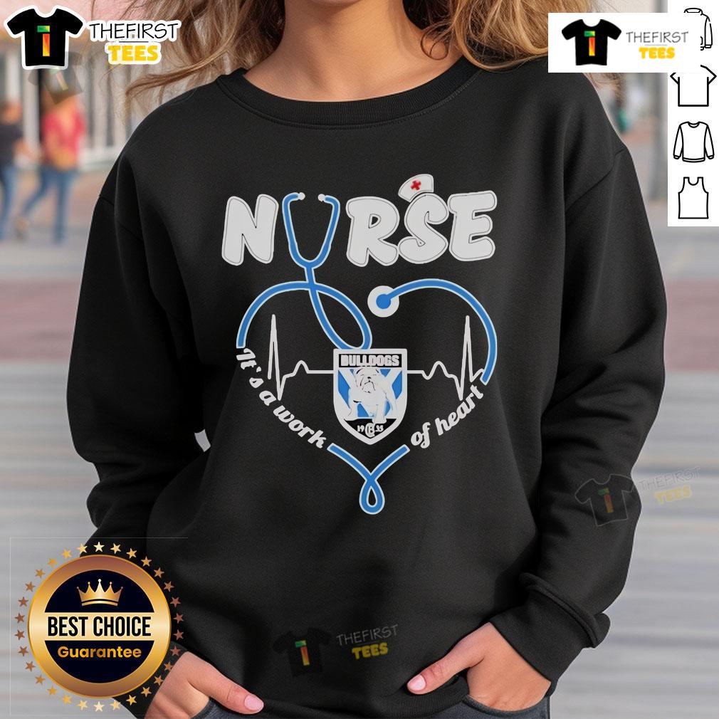 Alt Text: Official Bulldogs Canterbury Bankstown Nurse sweatshirt, showcasing 'It's a Work of Heart' design in vibrant colors.