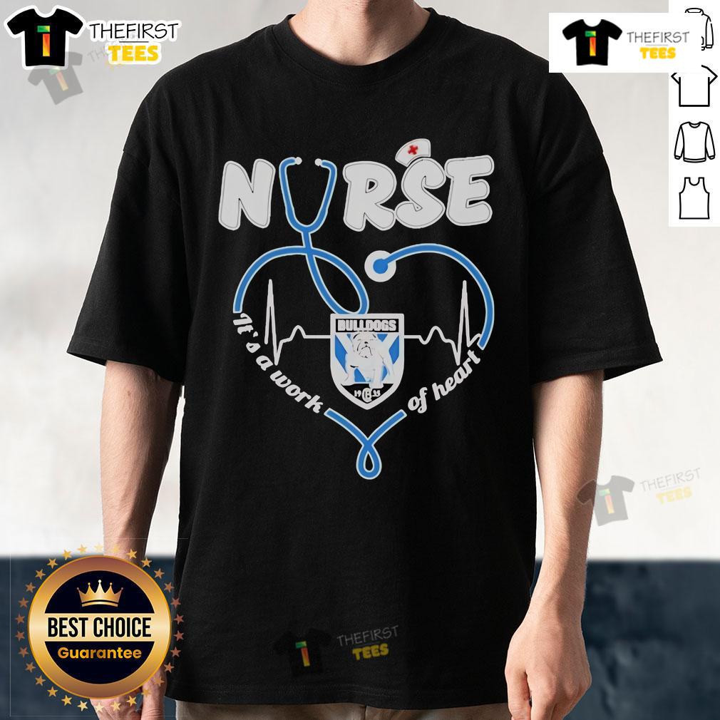 Alt Text: Official Bulldogs Canterbury-Bankstown It's A Work Of Heart T-Shirt featuring vibrant team colors and logo.