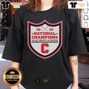Alt Text: Official Cornell Big Red 2025 NCAA Men's Lacrosse National Champions ladies tee in red, showcasing team pride.