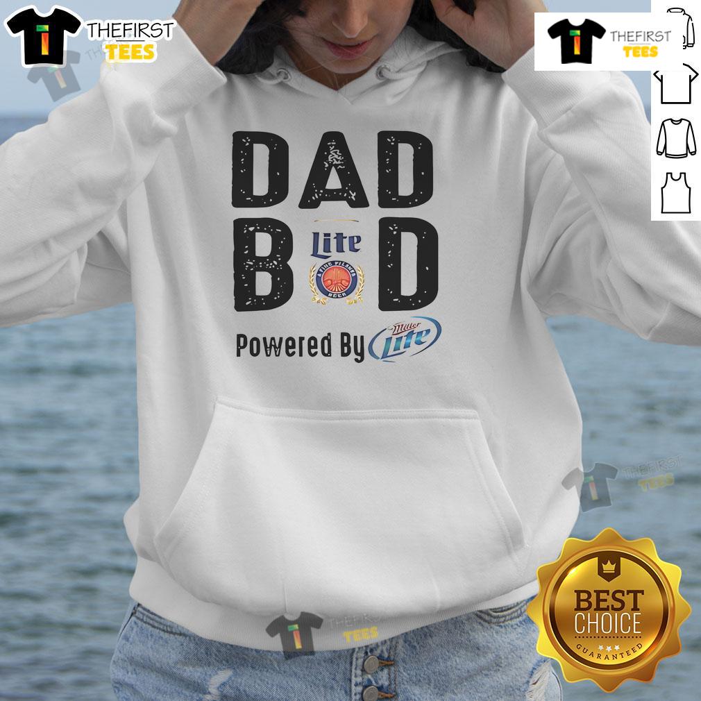 Official Dad Bod Powered by Miller Lite Hoodie showcasing a casual, fun design for beer lovers and dad bod enthusiasts.
