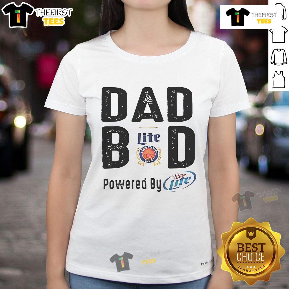 Official Dad Bod Powered by Miller Lite Ladies Tee featuring a fun graphic design for casual summer wear.