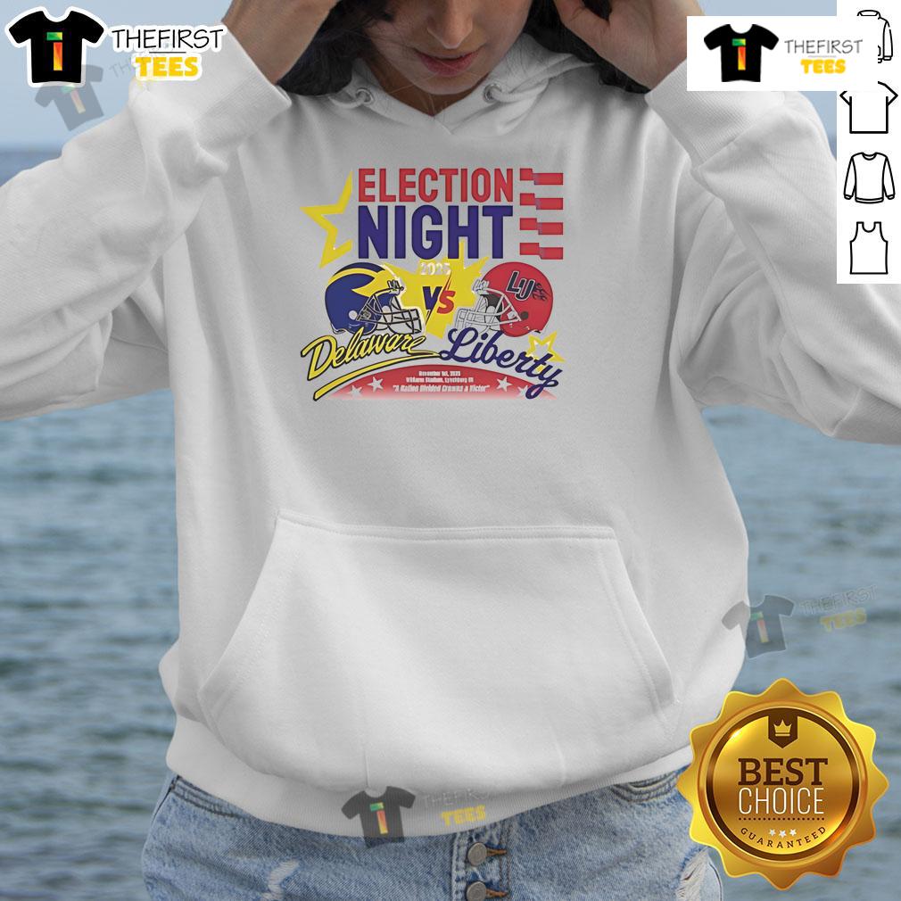 Delaware Fightin' Blue Hens vs Liberty Flames 2025 hoodie displayed, perfect for official election night celebrations.