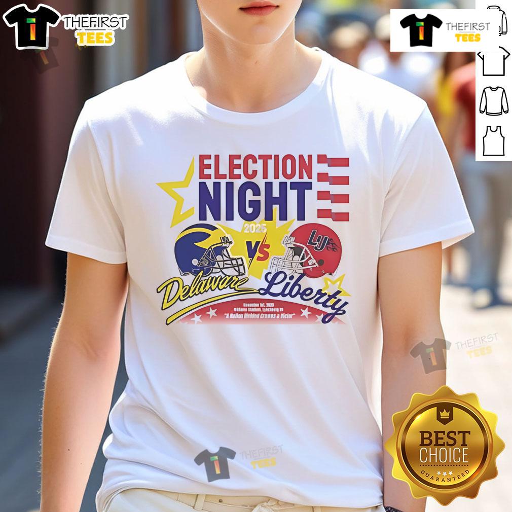 Official Election Night T-Shirt featuring Delaware Fightin Blue Hens vs Liberty Flames 2025 design for fans.