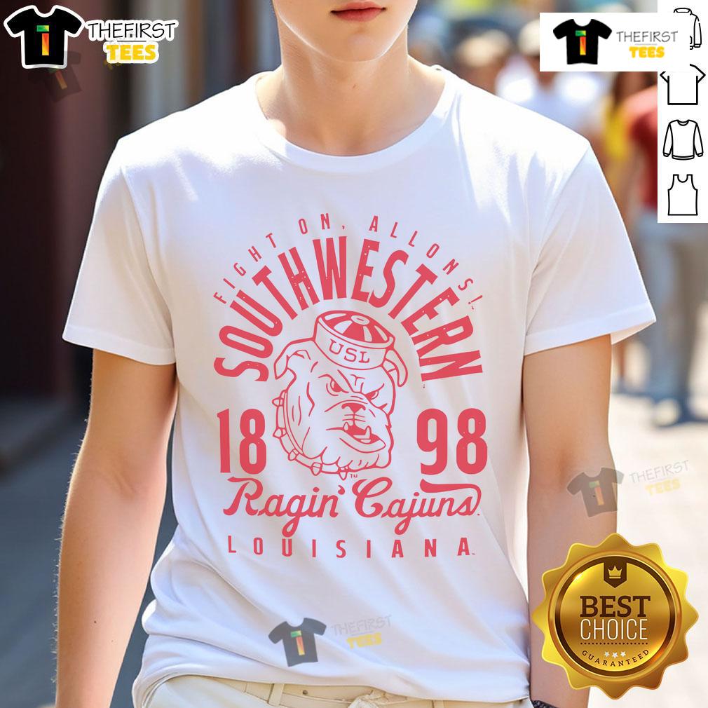 Official Fight On Allons Southwestern Louisiana Ragin' Cajuns 1898 T-Shirt featuring vibrant team colors and logo.