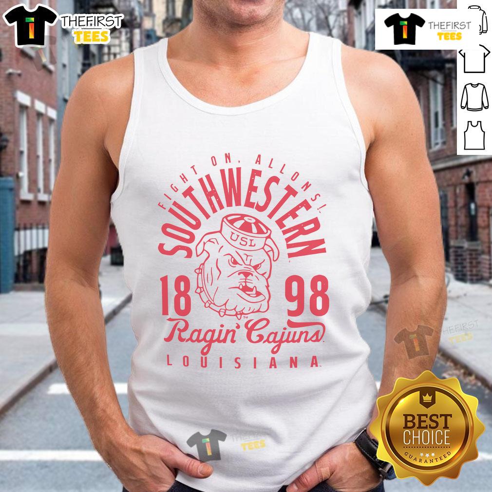 Official Fight On Allons Southwestern Louisiana Ragin Cajuns 1898 Tank Top featuring vibrant team colors and logo.