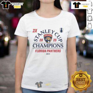 Alt Text: Official Florida Panthers 2024-2025 Back-to-Back Stanley Cup Champions Ladies Tee showcasing team pride.