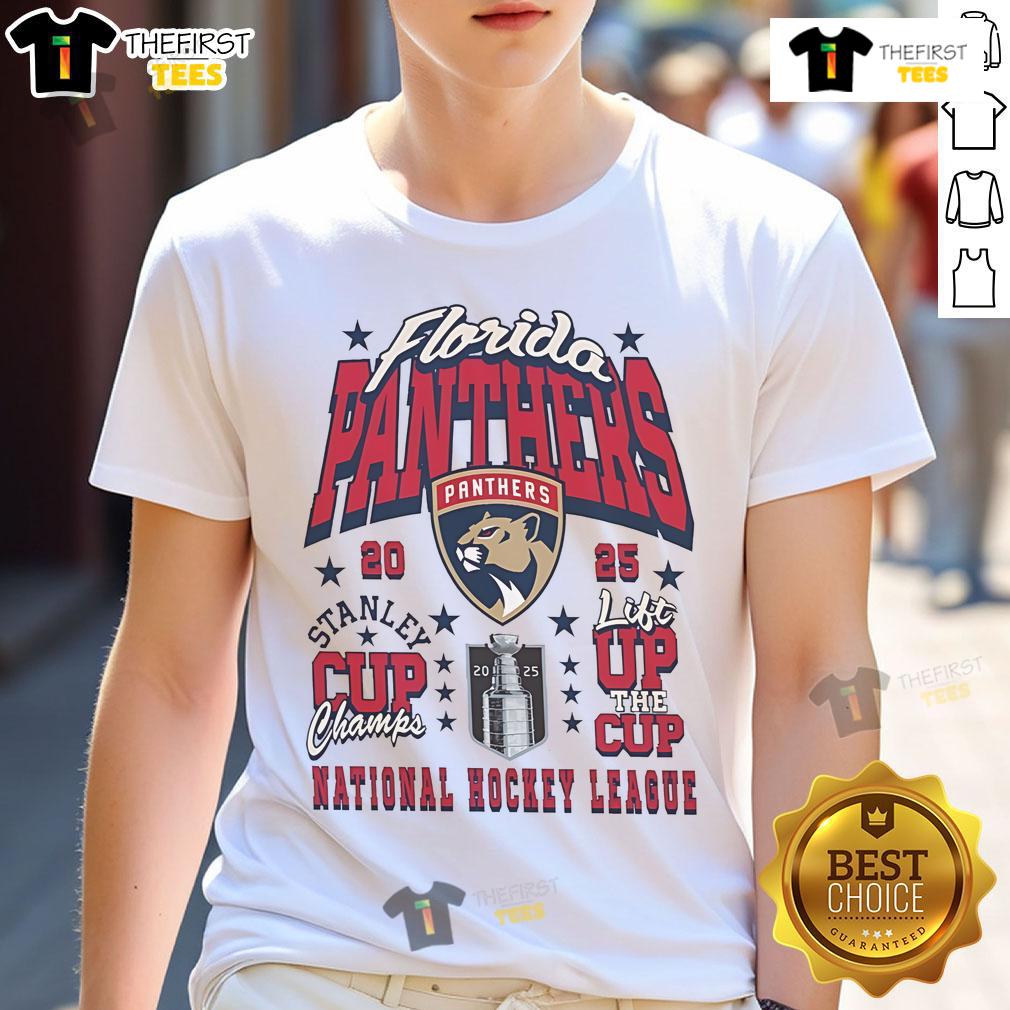Official Florida Panthers 2025 Stanley Cup Champions Lift The Cup T-Shirt featuring team logo and celebratory design.