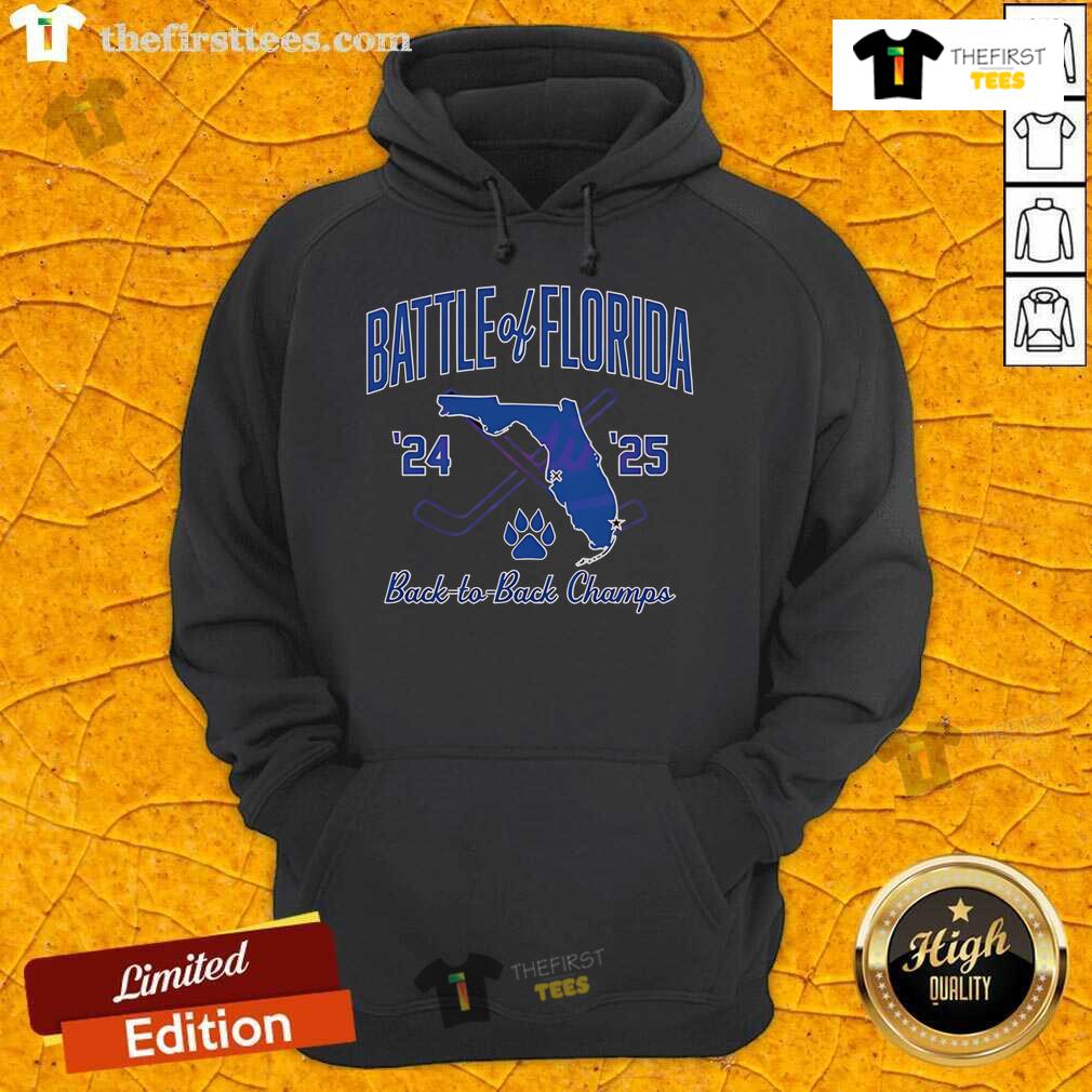 Official Florida Panthers Hockey 24-25 Battle of Florida Champs Hoodie, featuring team logo and championship design.