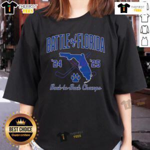Official Florida Panthers Hockey 24-25 Battle of Florida Champs Ladies Tee featuring team colors and logo.