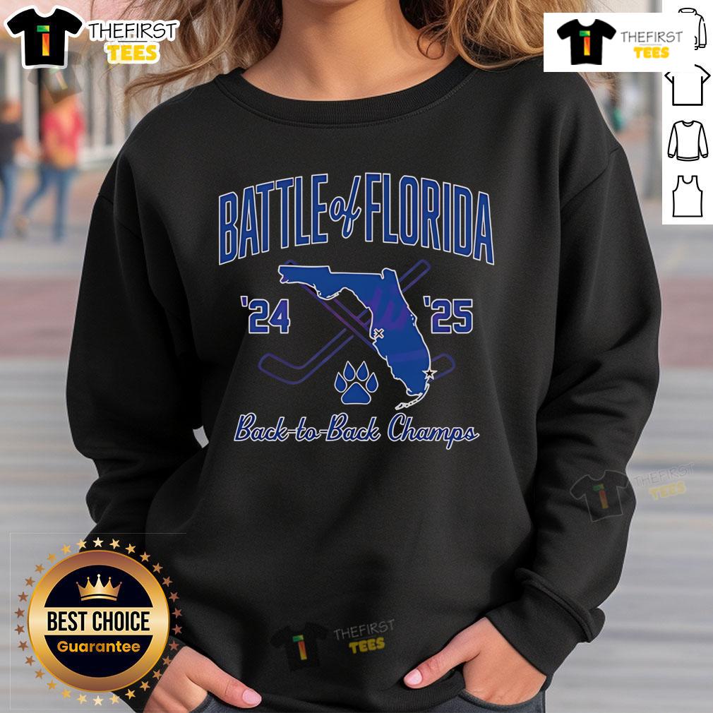 Official Florida Panthers Hockey 24-25 Battle of Florida Champs Sweatshirt featuring team logo and vibrant colors.