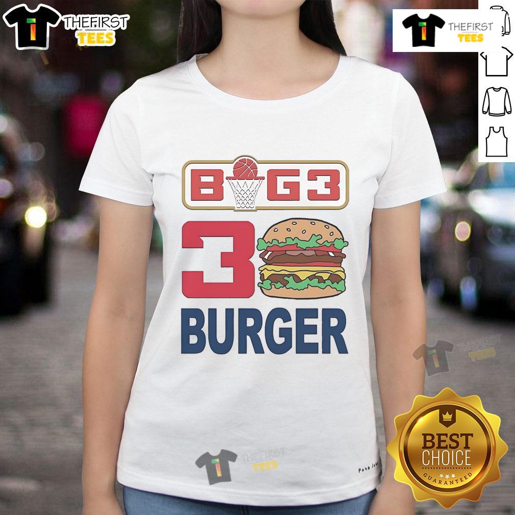 Alt Text: Official Ice Cube BIG3 30 Burger Ladies Tee featuring vibrant graphics, perfect for fans of basketball and streetwear.