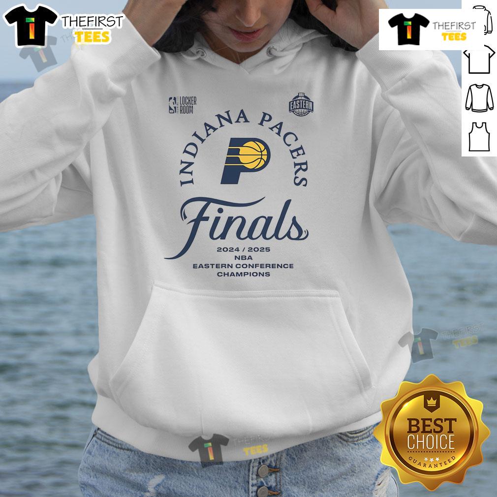 Official Indiana Pacers NBA Finals Eastern Conference Champions 2025 hoodie in blue with logo and championship details.