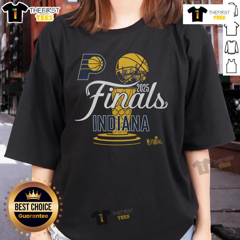 Official Indiana Pacers Stadium Essentials 2025 NBA Finals Ladies Tee showcasing team colors and logo for fans.