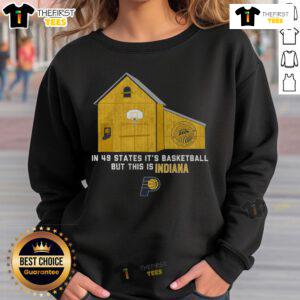 Official Indiana Pacers Stadium Essentials sweatshirt displayed on a hanger, showcasing team colors and logo.