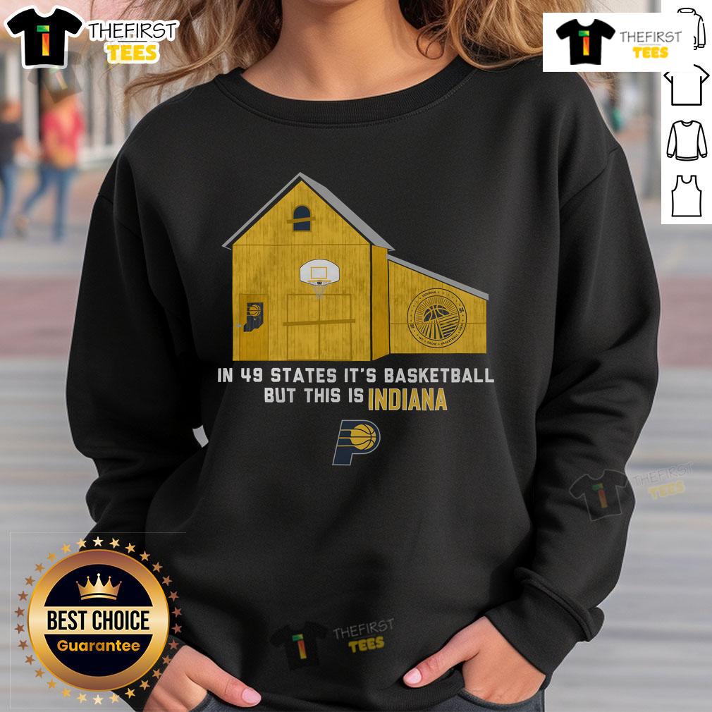Official Indiana Pacers Stadium Essentials sweatshirt displayed on a hanger, showcasing team colors and logo.