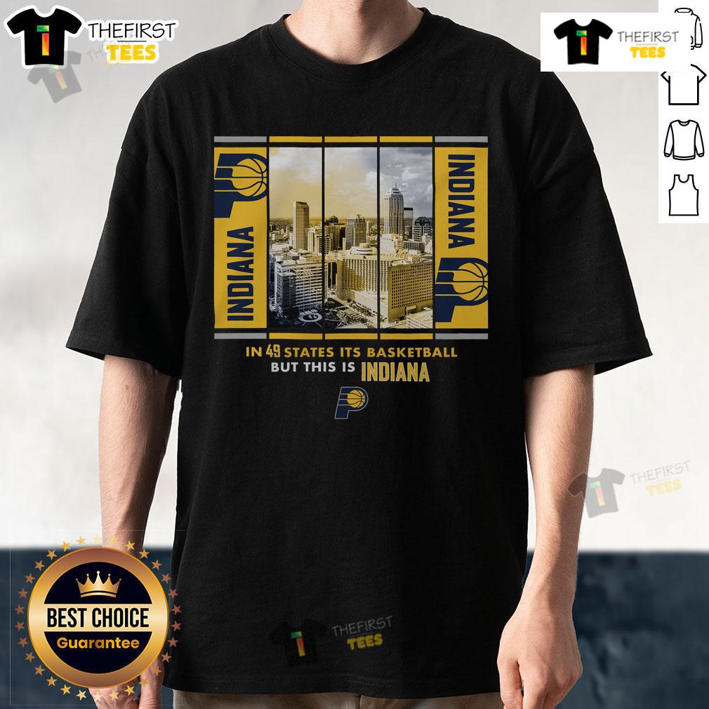 Alt Text: Official Indiana Pacers Stadium Essentials Skyline Boxout T-Shirt featuring team colors and logo, perfect for fans.