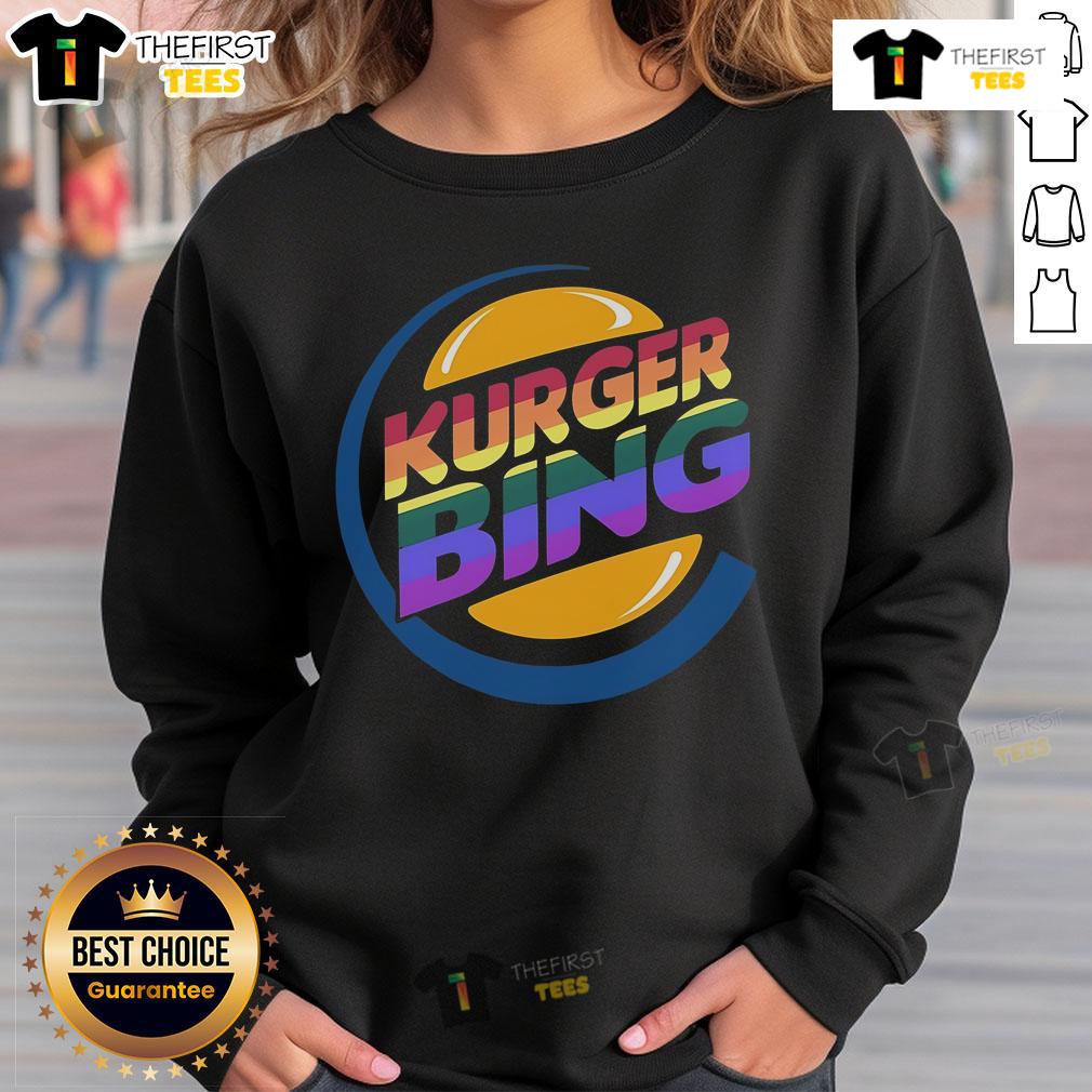 Alt Text: Official Kurger Bing LGBTQ Logo Sweatshirt featuring vibrant rainbow colors and a stylish design for pride celebrations.