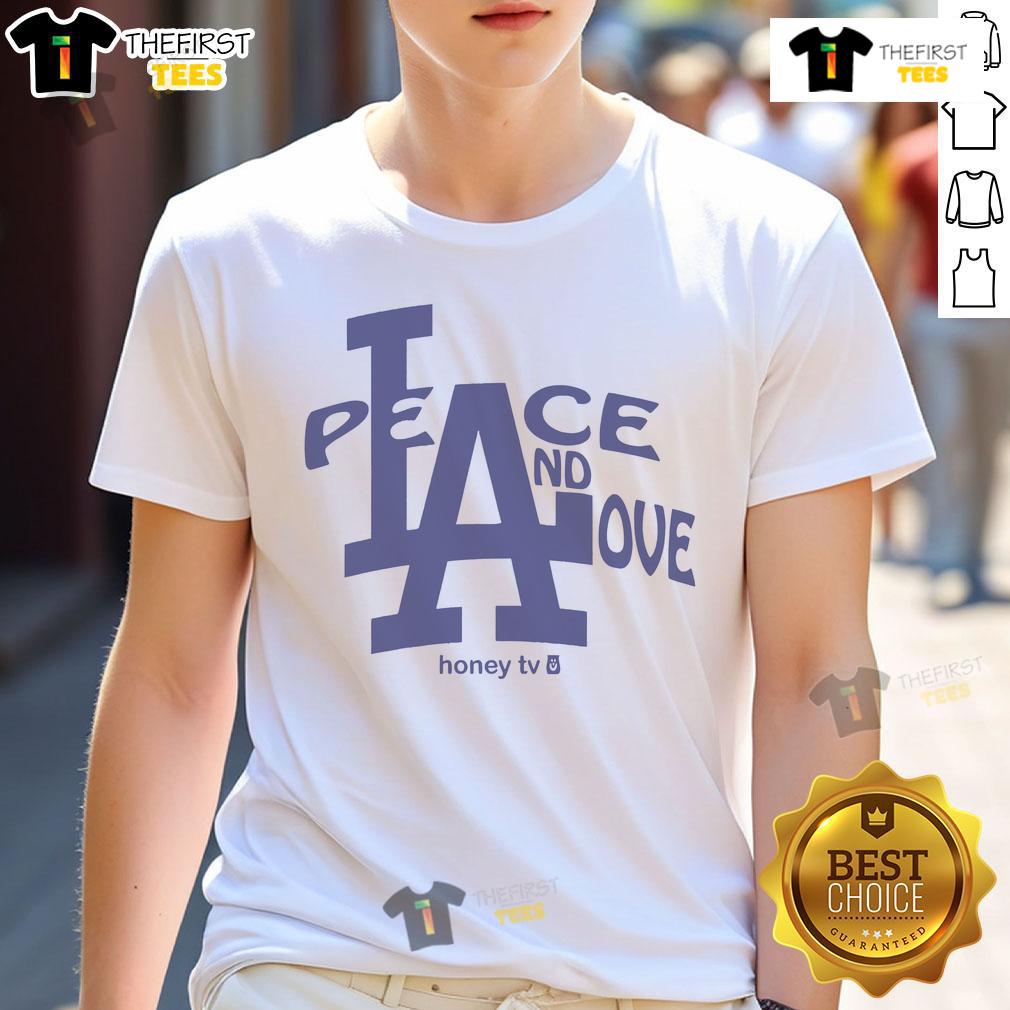 Alt Text: Official Los Angeles Dodgers Peace and Love Honey TV T-Shirt featuring vibrant team colors and a stylish design.